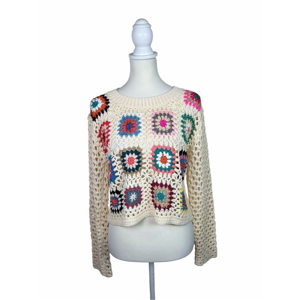 Luna Ivy Crochet Granny Square Sweater Small Boho Festival Cottagecore Open Knit